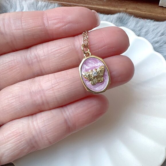 Gold Pink Enamel Rhinestone Butterfly Moth Charm Necklace - Picture 2 of 4